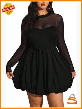 Plus Size Bubble Dress Y2k Mesh Long Sleeve Cocktail Date Night Mini Dress